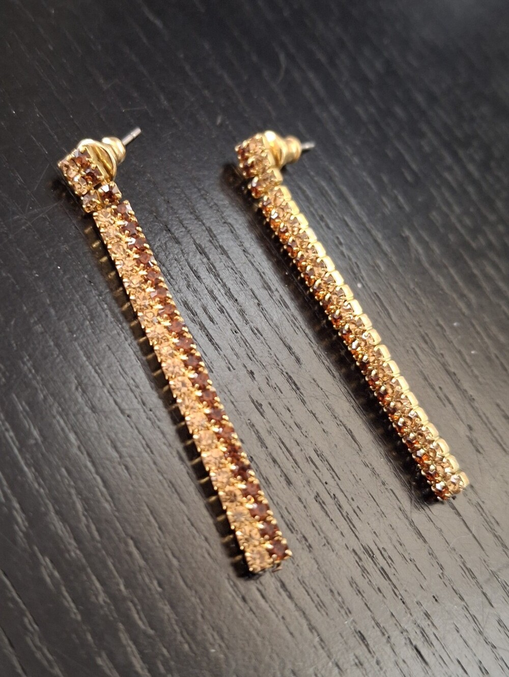 Vintage Gold-Tone Brown Crystal Linear Drop Earrings